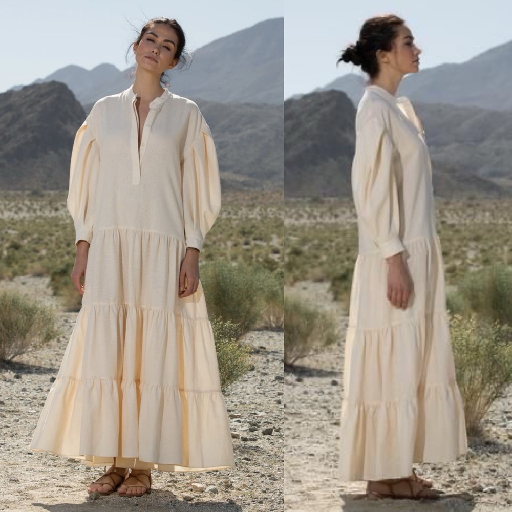 Heidi Merrick Alison Tiered Maxi Dress Drop Shoulders Puff Sleeve Ivory …